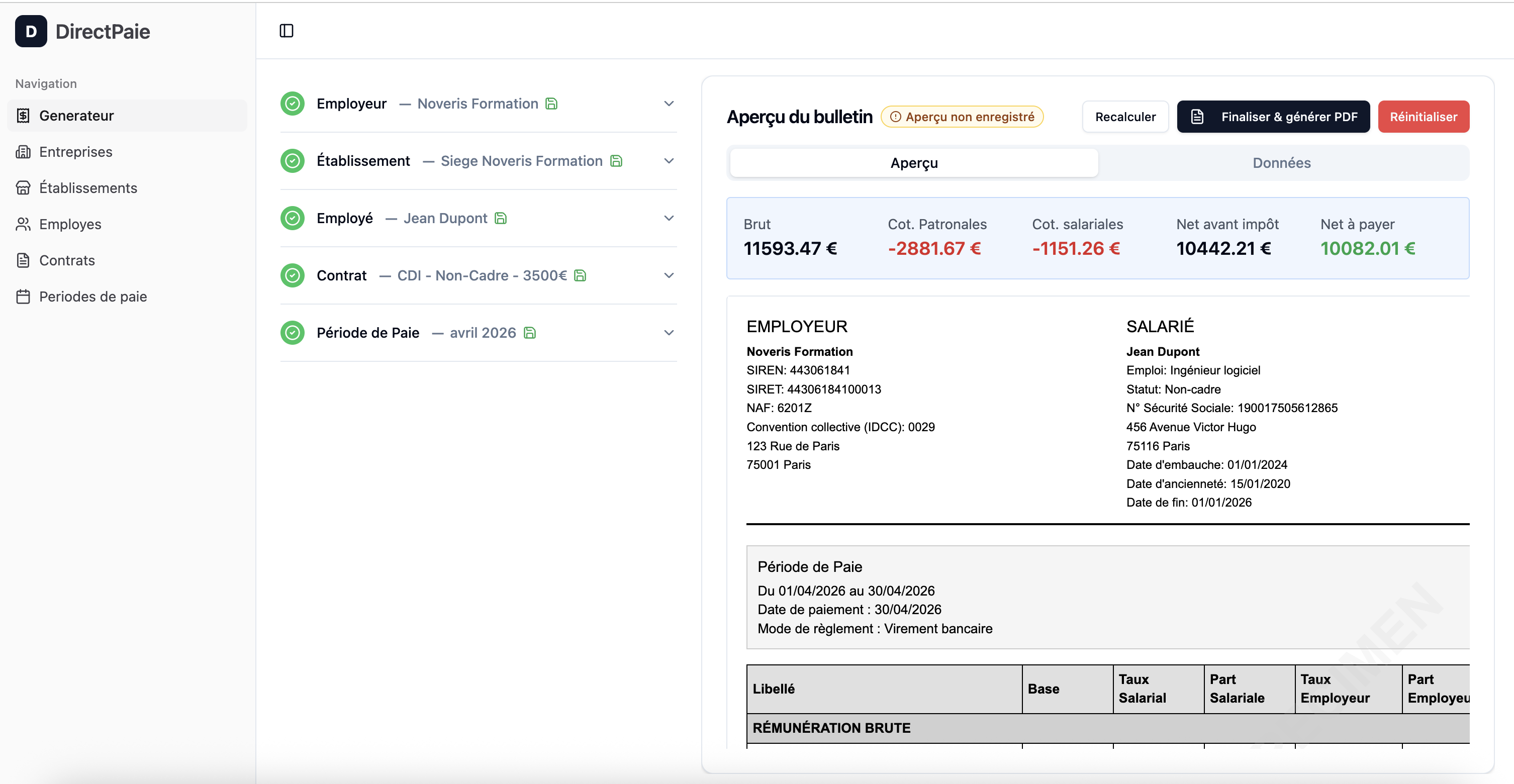Interface Direct Paie : génération de bulletin avec aperçu en temps réel